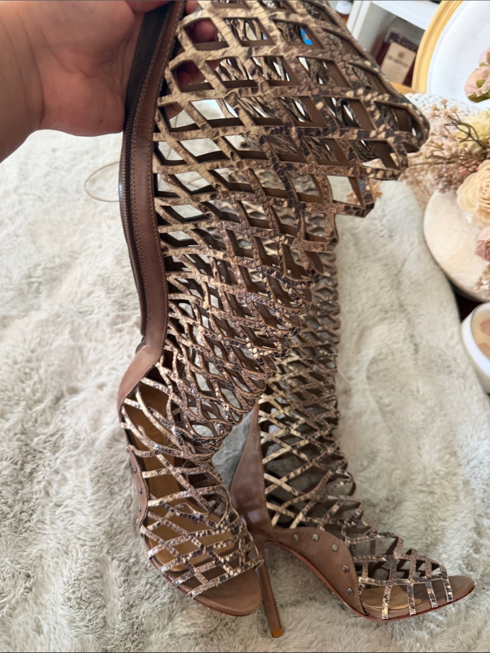 SCHUTZ Brown Lattice Over-the-Knee Gladiator Stiletto Boots - Picture 2 of 4